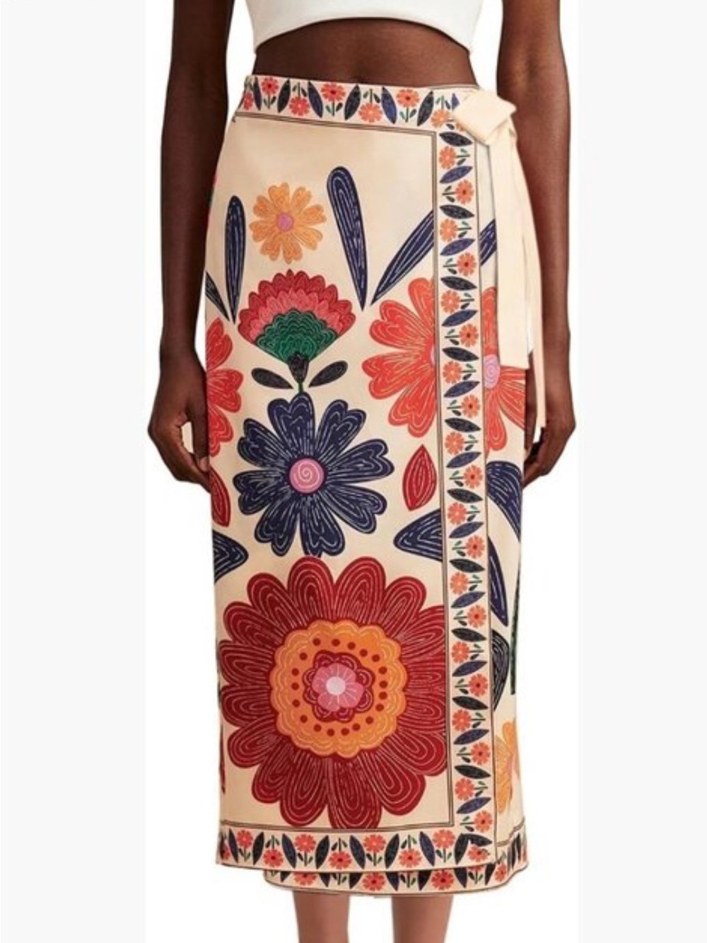 Women’s Floral Wrap Skirt - Cream with Red & Blue Flowers